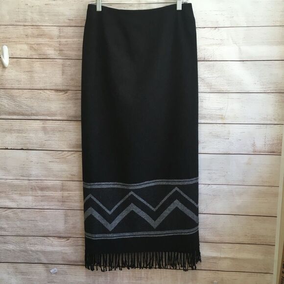 NINE & CO AZTEC DESIGN WRAP MAXI SKIRT‎ WITH FRINGE IN BLACK WOOL BLEND - Picture 1 of 7